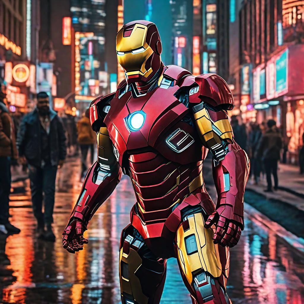  masterpiece, best quality, masterpiece, 8k resolution, realistic, highly detailed, Iron Man close-up. He stands on a street lined with tall buildings in a cyberpunk style city at night. The city's night lights are bright, and the surrounding buildings and streets are full of cyberpunk elements such as neon lights, high-tech equipment and futuristic architectural design.