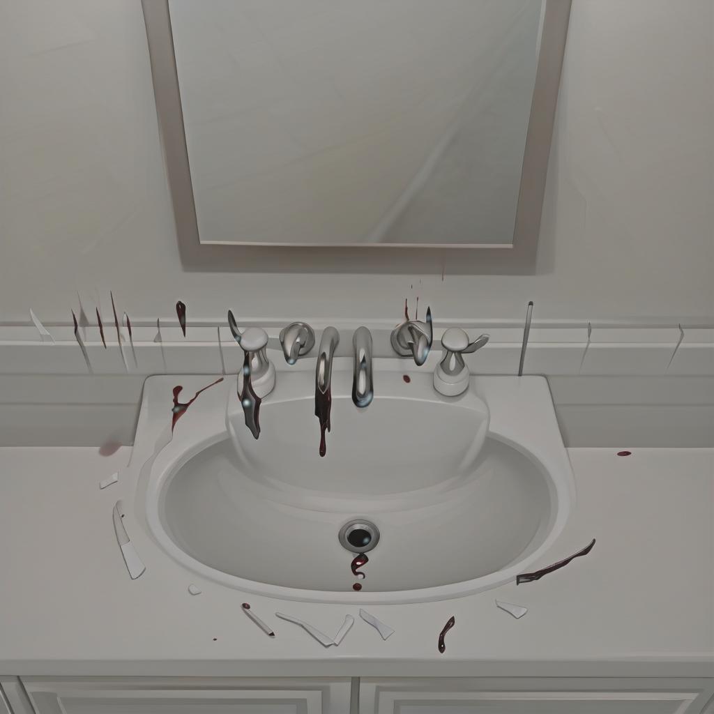  a white sink in front of a mirror. a bleeding razor blade in the sink