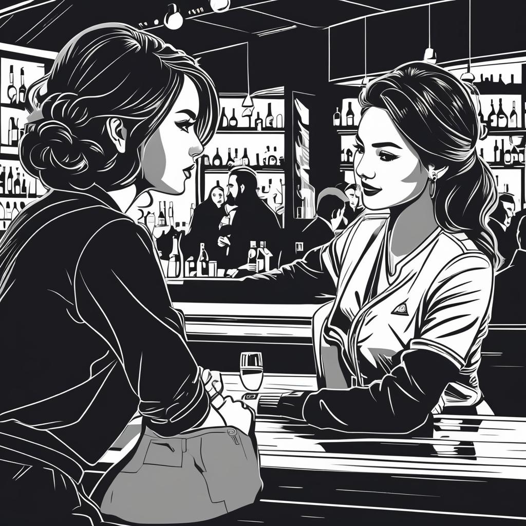  line art drawing two girls in a fist fight at a bar. professional, sleek, modern, minimalist, graphic, line art, vector graphics