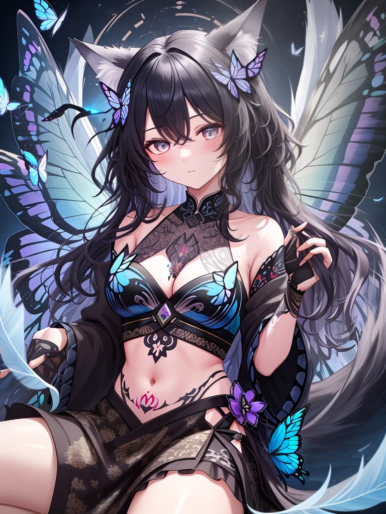  lack of sleep, wolf hair, tattoo, mini character, butterfly dance, feather butterfly, sake, fatigue face, curly in the eyes, masterpiece, best quality,8k,ultra detailed,high resolution,an extremely delicate and beautiful,hyper detail