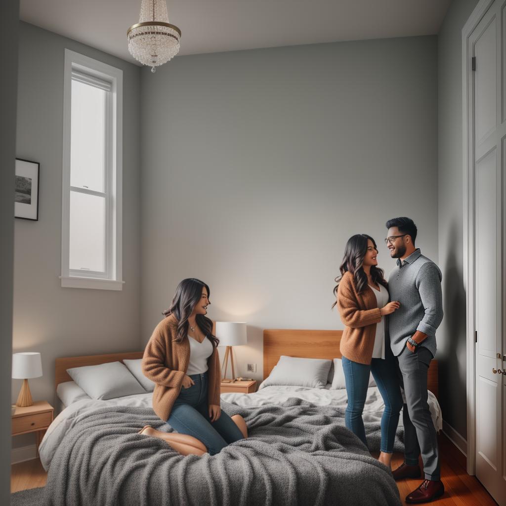  A age couple having in their room hyperrealistic, full body, detailed clothing, highly detailed, cinematic lighting, stunningly beautiful, intricate, sharp focus, f/1. 8, 85mm, (centered image composition), (professionally color graded), ((bright soft diffused light)), volumetric fog, trending on instagram, trending on tumblr, HDR 4K, 8K