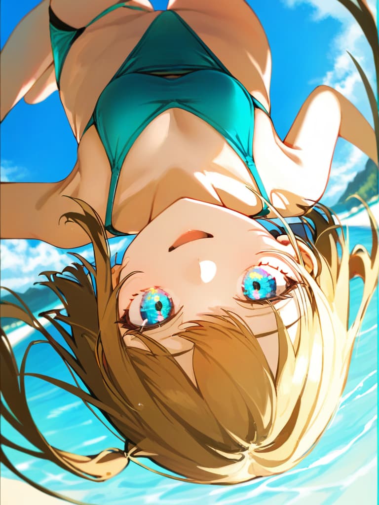  ultra detailed:1.2,masterpiece:1.2,best quality,masterpiece,bestquality,hdr:1.1,8k:1.1,very cute girl:1.3,(aqua color,sports ,swimwear:1.6),(standing:1.5) ,smile:1.4 ,(blonde hair,twin tail,drill hair:1.3) ,cowboy shot:1.3,dutch angel:1.5,open mouth,((upside down:1.7))(from above:1.1)((eyes highlight:1.1))