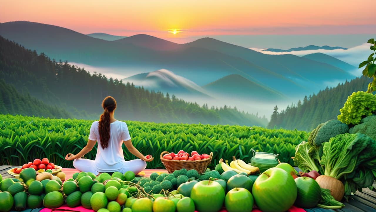  a serene landscape depicting a balanced life: a tranquil yoga scene at sunrise, lush greenery, flowing water, vibrant fruits and vegetables, diverse people meditating, and symbols of mental peace, showcasing interconnectedness in holistic wellness. hyperrealistic, full body, detailed clothing, highly detailed, cinematic lighting, stunningly beautiful, intricate, sharp focus, f/1. 8, 85mm, (centered image composition), (professionally color graded), ((bright soft diffused light)), volumetric fog, trending on instagram, trending on tumblr, HDR 4K, 8K