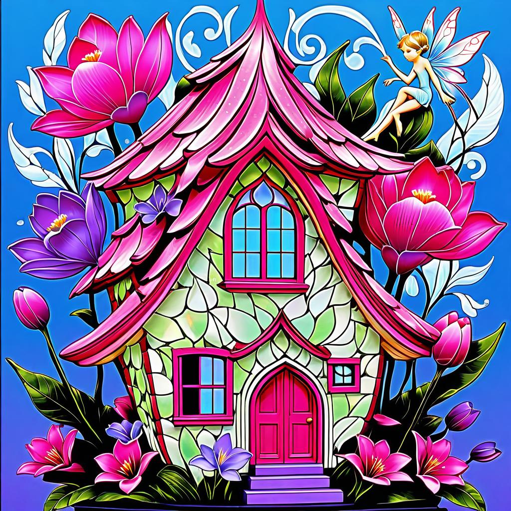  advertising poster style ((flower fairy shop1,5) ((a small house with a tiled roof and carved windows surrounded by flowers of scarlet, pink, crocus)) . ((in the bud of a blossoming flower sits an enchanting fairy and invites customers into her shop. (1.5 fine, fine fractal glitter bright petal line ink sketch on black background, (pixie petal silhouette 1.3), bud outline outline, bud outline, pixie fairy leaves with wings. (flower colour):alo pink, white pink, pearl blue, pearl blue, snow white) . (style):fantasy, art design, provence, advertising, window display, (colours):soft pink, light lavender, white, soft green, all pastel shades. . professional, modern, product focused, commercial, eye catching, highly detailed