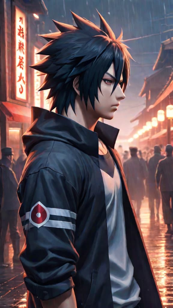  anime art of sasuke uchiha at konoha gates, torn between vengeance and forging his identity. hyperrealistic, full body, detailed clothing, highly detailed, cinematic lighting, stunningly beautiful, intricate, sharp focus, f/1. 8, 85mm, (centered image composition), (professionally color graded), ((bright soft diffused light)), volumetric fog, trending on instagram, trending on tumblr, HDR 4K, 8K