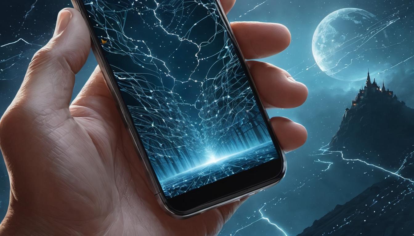  （surrealism)a person holding a phone, texting or calling others, contacts and social apps visible on the phone screen, focused close up on hands and phone, digital connections, reaching out mystic, intricate details, best quality)