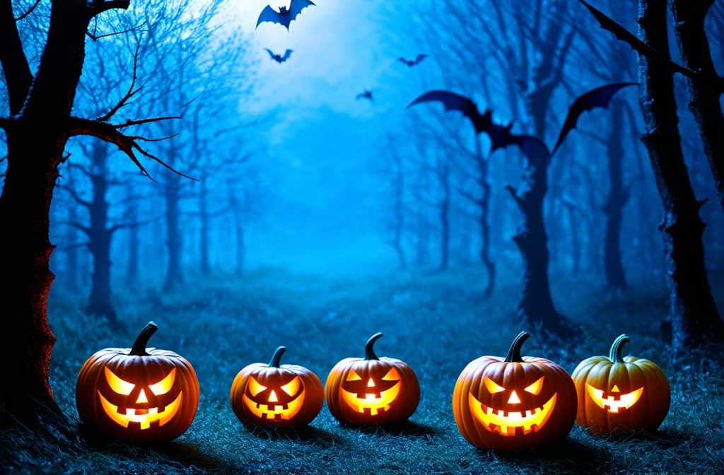  halloween background with glowing pumpkins in scary dark blue forest with bats, 2/3 empty space for text in the middle ar 3:2 {prompt}, maximum details