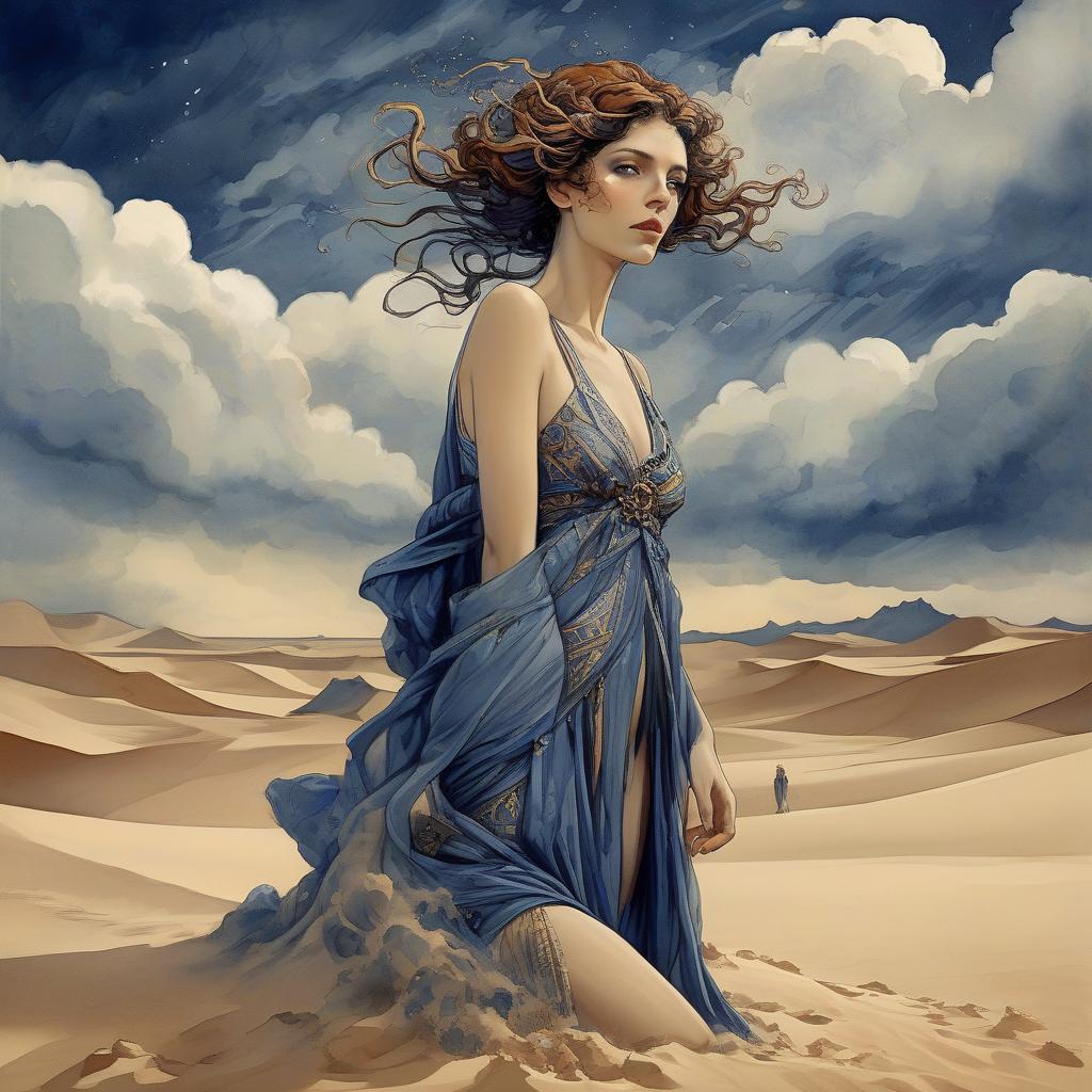  concept art mucha paint a beautiful woman in sand desert stormy, watercolor and ink imperial colors, art deco by annigoni, egon schiele, milo manara, botticelli, catrin welz stein, jean metzinger, klimt, perfect eyes, perfect handsface, highly detailed, splatter, dynamic pose, dark blue background . digital artwork, illustrative, painterly, matte painting, highly detailed