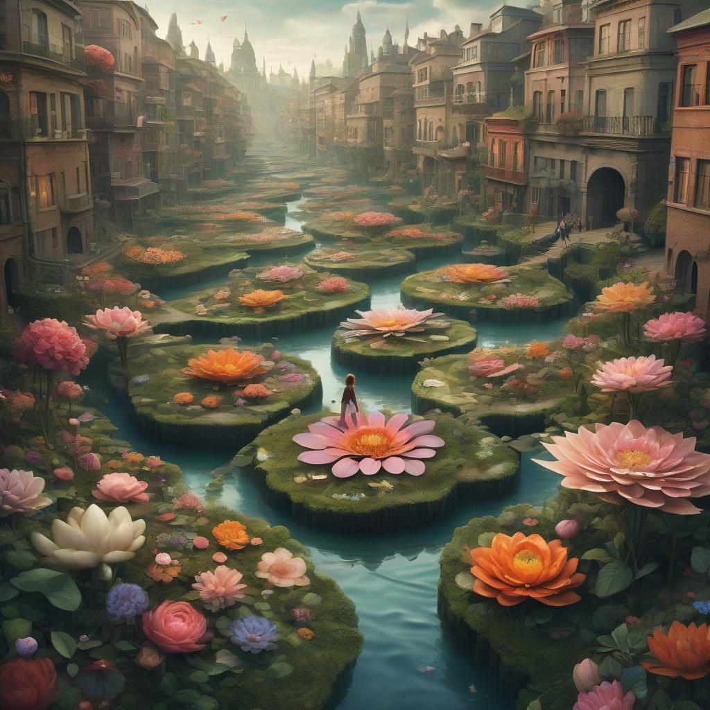  a surreal landscape where streets seamlessly flow into rivers, houses transform into gigantic flowers, and familiar faces become mysterious creatures; a journey through the labyrinths of the subconscious in the world of dreams.