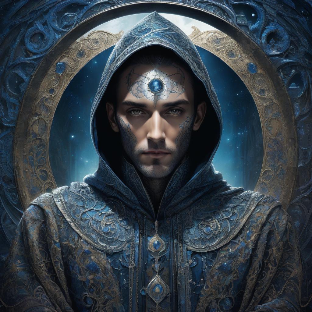  judge on the throne. black dungeon. a man in a cloak and hood. the man in the grotto. judge on the throne. black dungeon. moon. moonlight. big moon. silver rays. (portal: 1,5). portal room. (mirrors: 1.5). (mirror in wall: 1.5). mirror shows blue sky, field, sunlight. another world. double exposure. detailed, detailed drawing. stylistics: intricate zentangle patterns in the manner of karol bak, rahaf dk albab, andrew jones. bright colors. high quality and detail. hdr. masterpiece. double exposure.