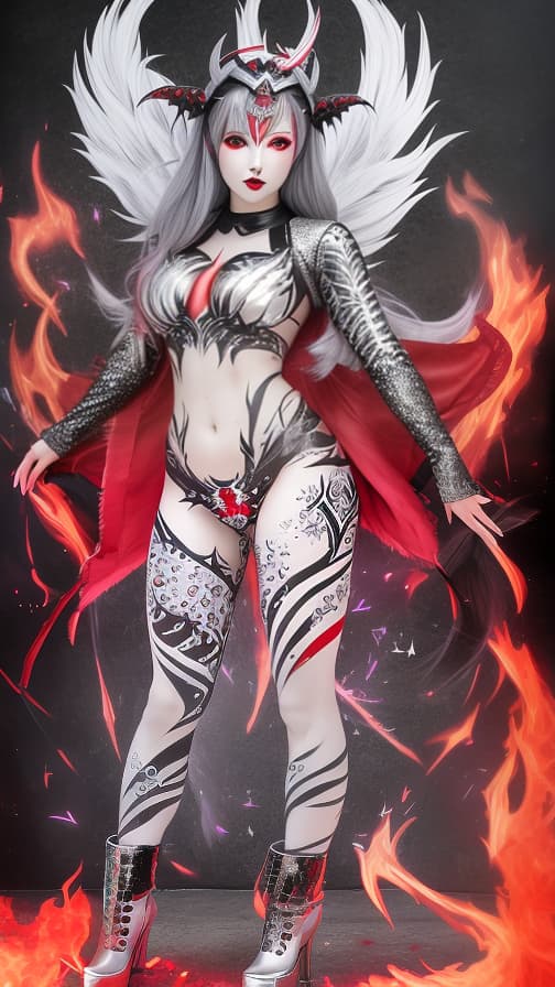  Full body red and silver flame pattern body paint,silver body paint on the whole body,grey face paint on the face,succubus, full body image 女性