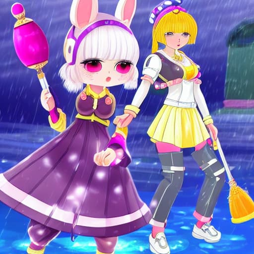 hasbulla person Kagura in mobile legends stylist , white hair ,yellow umbrella pink sports shoes, dress pink shirt, blue short jean , watch on left hand, cute pet wolf, white fur, walking under the rain ,