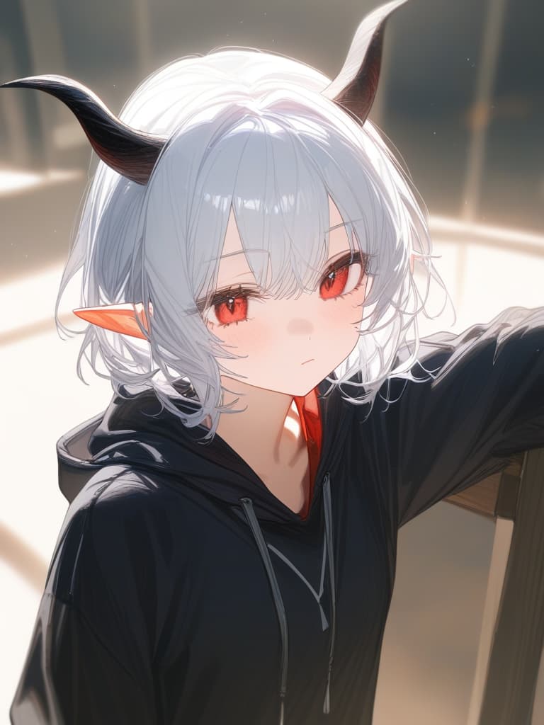  there are horns, girls, sharp ears, hinges, short hair, white hair, dragon's daughter, black horns, red eyes, hoodies, 1 person, alone, alone, masterpiece, best quality,8k,ultra detailed,high resolution,an extremely delicate and beautiful,hyper detail