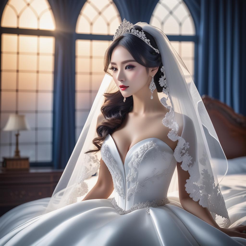  bride, white veil, bed, dark blue satin, innocence, whole body hyperrealistic, full body, detailed clothing, highly detailed, cinematic lighting, stunningly beautiful, intricate, sharp focus, f/1. 8, 85mm, (centered image composition), (professionally color graded), ((bright soft diffused light)), volumetric fog, trending on instagram, trending on tumblr, HDR 4K, 8K