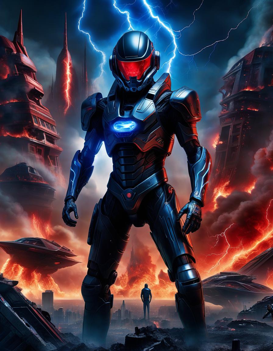  book cover: a in a black exoskeleton wearing a helmet, standing with his arms crossed over his . very detailed and detailed model. the confrontation of red fire and blue lightning. background, an alien city