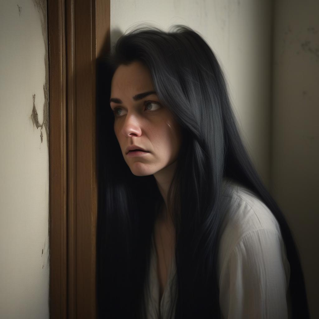  woman with long black hair sulking in a corner of a room, photorealistic, hyperrealistic