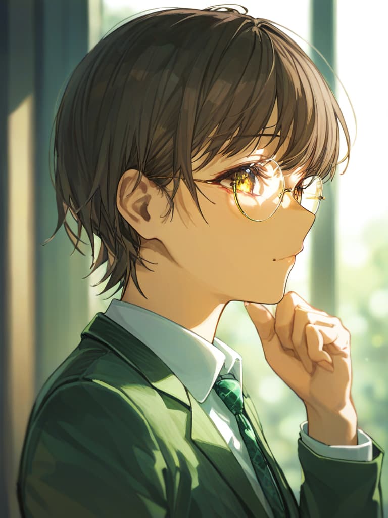  brown haired man, dark green suit, tie is yellow, shirt is white, round glasses, cool expression, cool man, brown hair., masterpiece, best quality,8k,ultra detailed,high resolution,an extremely delicate and beautiful,hyper detail