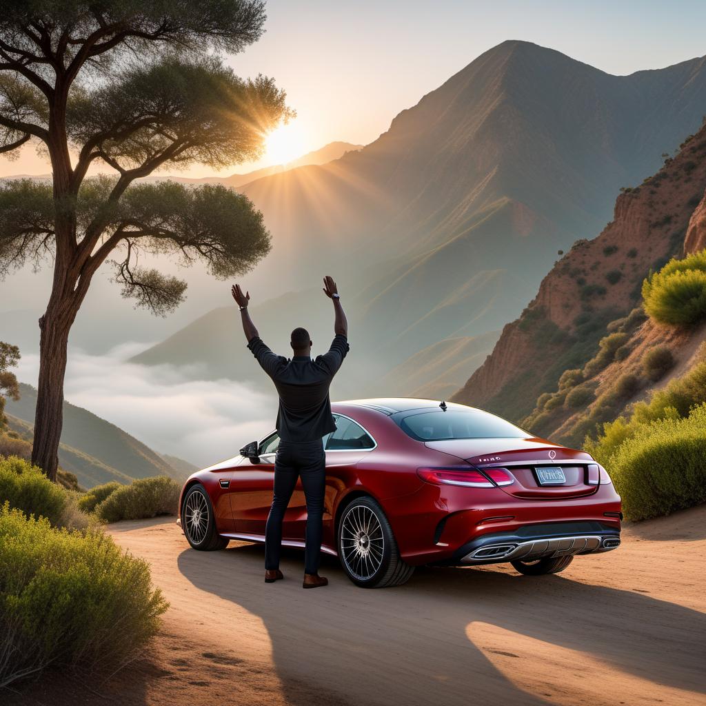  A tall black man getting out of a Mercedes-Benz on top of a mountain in Southern California, looking at the sky with hands raised in praise. The scene captures a beautiful sunrise with rays of light flowing down the mountains and into the green valley below. The area is lush with greenery, depicting the beauty of nature in Southern California. hyperrealistic, full body, detailed clothing, highly detailed, cinematic lighting, stunningly beautiful, intricate, sharp focus, f/1. 8, 85mm, (centered image composition), (professionally color graded), ((bright soft diffused light)), volumetric fog, trending on instagram, trending on tumblr, HDR 4K, 8K