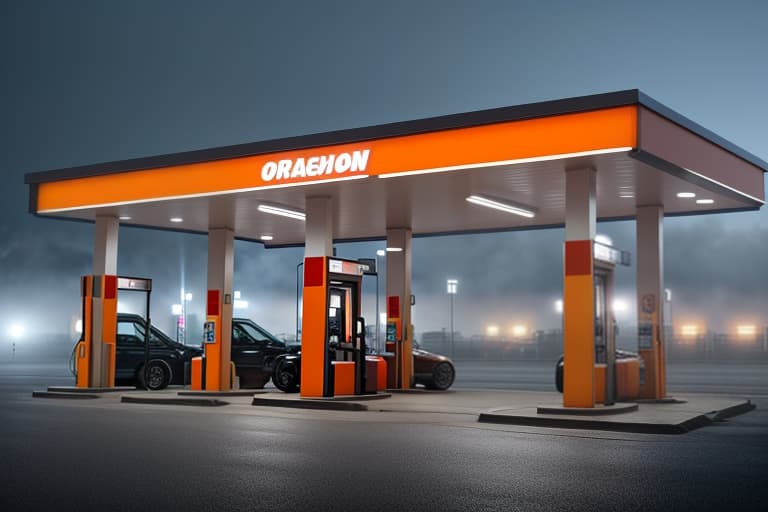  orange gas station, gray, and blue hyperrealistic, full body, detailed clothing, highly detailed, cinematic lighting, stunningly beautiful, intricate, sharp focus, f/1. 8, 85mm, (centered image composition), (professionally color graded), ((bright soft diffused light)), volumetric fog, trending on instagram, trending on tumblr, HDR 4K, 8K