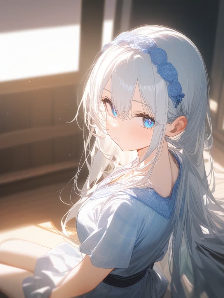  girls, white hair, white hair, long hair, light blue gradation hair color, light blue eyes, headdress, frill, short yukata, straight hair, masterpiece, best quality,8k,ultra detailed,high resolution,an extremely delicate and beautiful,hyper detail