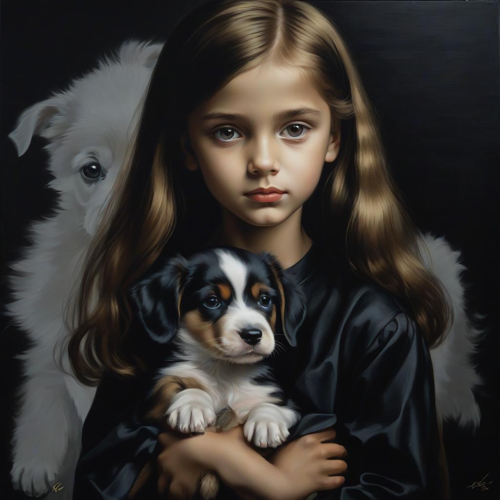  masterpiece. a girl on a black background. a girl with a puppy. graphic painting.