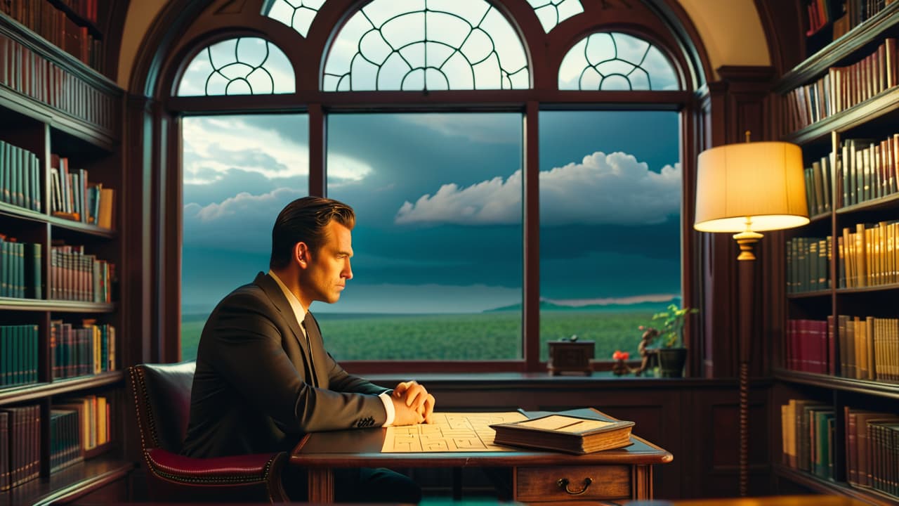  a serene scene of a thoughtful man in a cozy library, surrounded by intricate puzzles, with a window showing a stormy sky, symbolizing inner conflict, as he contemplates overcoming a personal challenge. hyperrealistic, full body, detailed clothing, highly detailed, cinematic lighting, stunningly beautiful, intricate, sharp focus, f/1. 8, 85mm, (centered image composition), (professionally color graded), ((bright soft diffused light)), volumetric fog, trending on instagram, trending on tumblr, HDR 4K, 8K