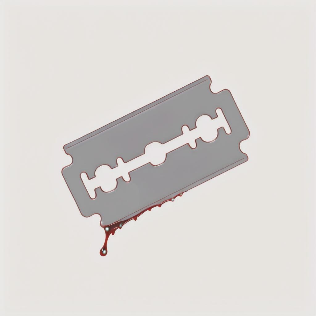  blood drips from the razor blade. simple white background without anything