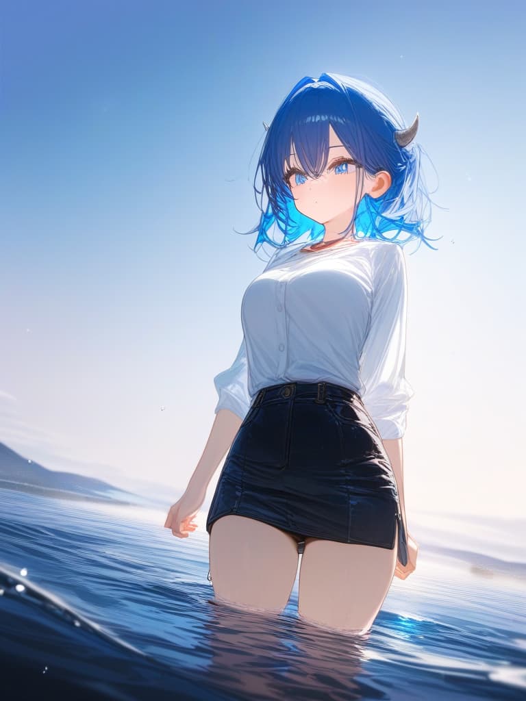  white shirts, blue haired shorts, blue eyes, white horns, black mini skirts, girls, women, blue sky, standing on water, masterpiece, best quality,8k,ultra detailed,high resolution,an extremely delicate and beautiful,hyper detail