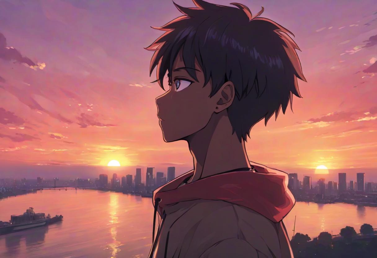  an anime rapper guy looks at a beautiful sunset