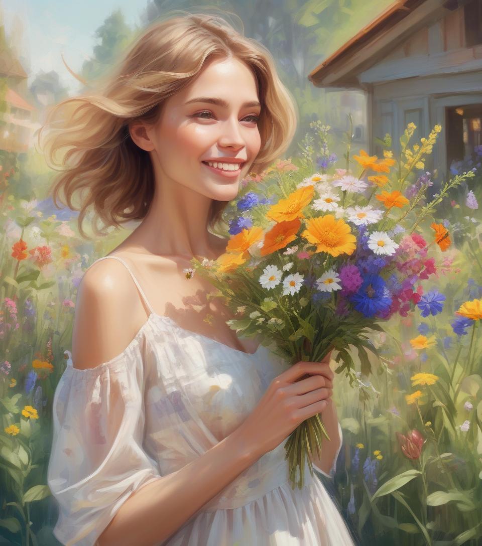  concept art garden wonders, beautiful woman holding a bouquet of wild flowers to her face, detailed summer garden background, wearing a summer dress, perfect face, delicate face, vivid colors, happiness, oil painting, expressive brushwork, highly detailed, delicate details . digital artwork, illustrative, painterly, matte painting, highly detailed