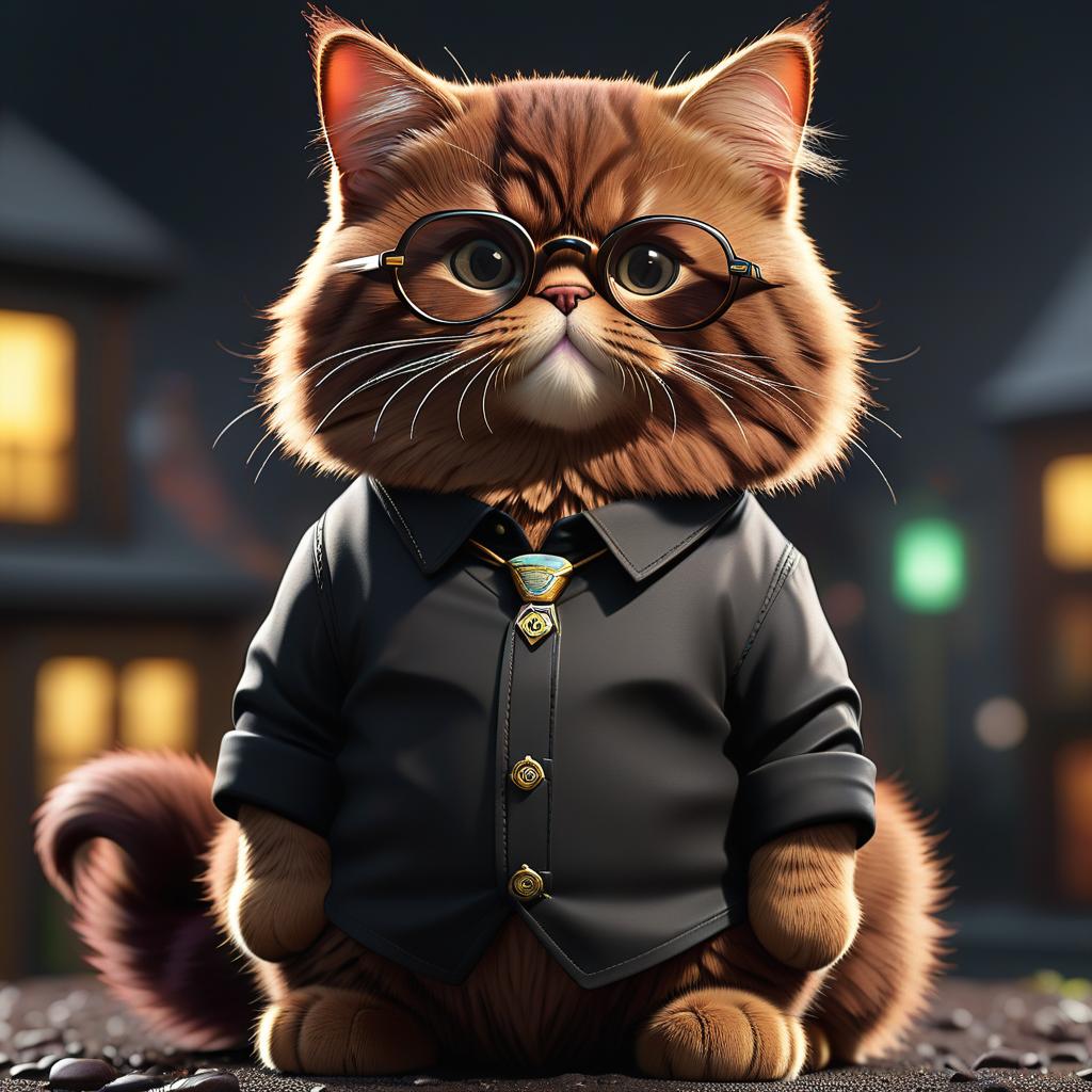  cartoon scottish chocolate colored cat with glasses in a black shirt, sticker hyperrealistic, full body, detailed clothing, highly detailed, cinematic lighting, stunningly beautiful, intricate, sharp focus, f/1. 8, 85mm, (centered image composition), (professionally color graded), ((bright soft diffused light)), volumetric fog, trending on instagram, trending on tumblr, HDR 4K, 8K