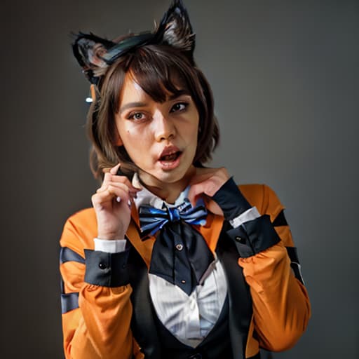  masterpiece, best quality, 1, solo, animal ears, bow, teeth, jacket, tail, open mouth, brown hair, orange background, bowtie, orange nails, simple background, cat ears, orange eyes, blue bow, animal ear fluff, cat tail, looking at viewer, upper body, shirt, uniform, hood, striped bow, striped, white shirt, black jacket, blue bowtie, fingernails, long sleeves, cat , bangs, fangs, collared shirt, striped bowtie, short hair, tongue, hoodie, sharp teeth, facial mark, claw pose hyperrealistic, full body, detailed clothing, highly detailed, cinematic lighting, stunningly beautiful, intricate, sharp focus, f/1. 8, 85mm, (centered image composition), (professionally color graded), ((bright soft diffused light)), volumetric fog, trending on instagram, trending on tumblr, HDR 4K, 8K