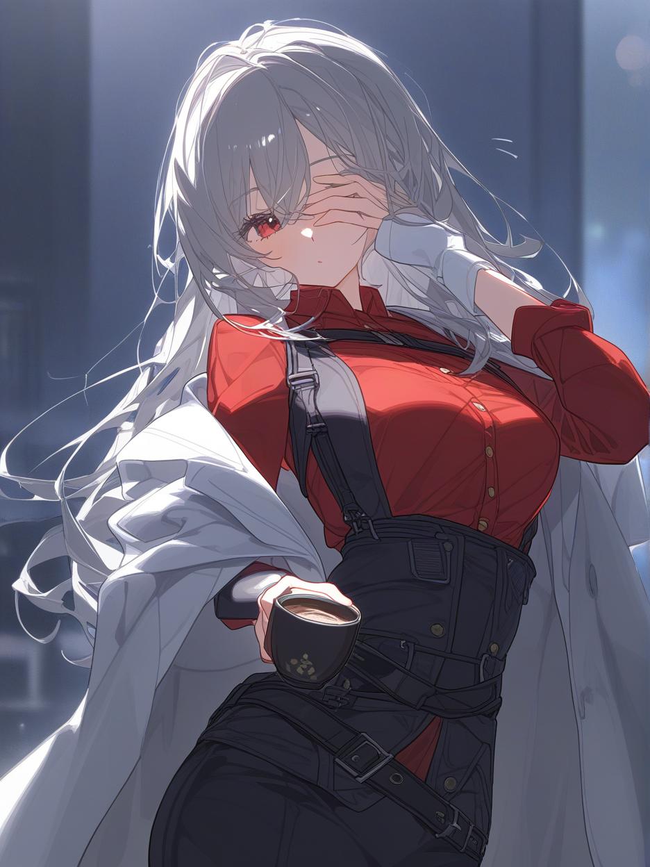  a strong woman, silver long hair, covering her face. she has deep, beautiful red eyes that are very prominent, white eyelashes that are very prominent in the eyes. she wears dark dress pants. a red shirt with buttons on the front seam, two thin belts under the bust. a light gray lab coat on the shoulders. a very strong and slender body, his strong abdomen shows in the red shirt. the background is a futuristic area where people practice combat in the background. she has a cup of coffee in her hands. well highlighted eyes with white eyelashes details, 8k. . best quality, high resolution