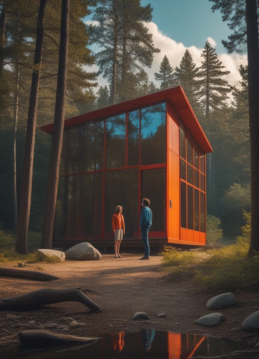  minimalism, a man and woman stand in front of a glass and wood mid century modern cabin is in wooded clearing, behind the cabin is a blue running river, the clouds are an orange and red, the sun is eclipsed, in the clouds is a tentacled monster in the style of stranger things, abstract, simple geometic shapes, hard edges, sleek contours, minimalism