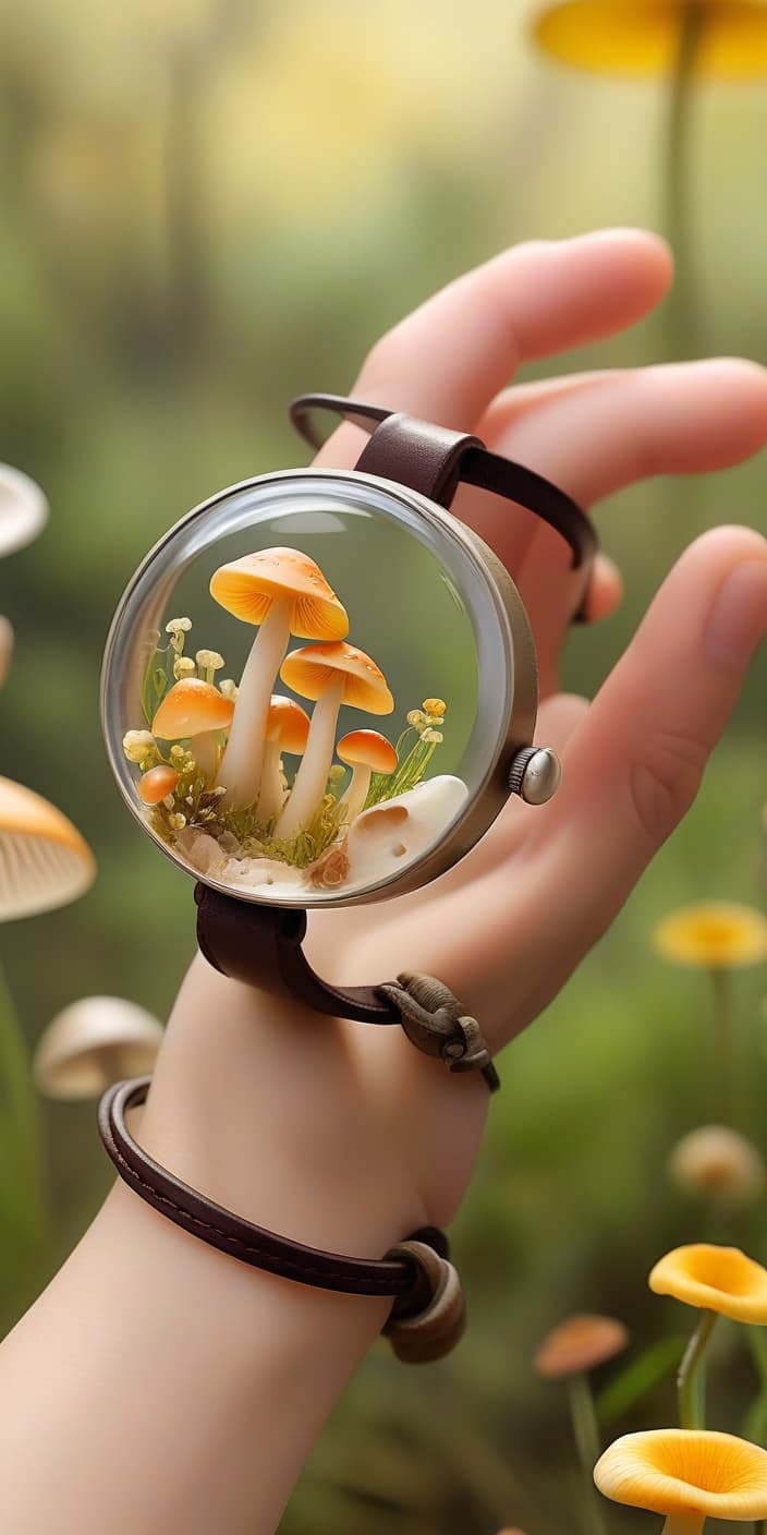  cinematic photo bracelet on hand, with leather strap. a round, transparent piece of epoxy in the center. inside the transparent detail are real mushrooms, flowers white and yellow, herbs, shells. . 35mm photograph, film, bokeh, professional, 4k, highly detailed