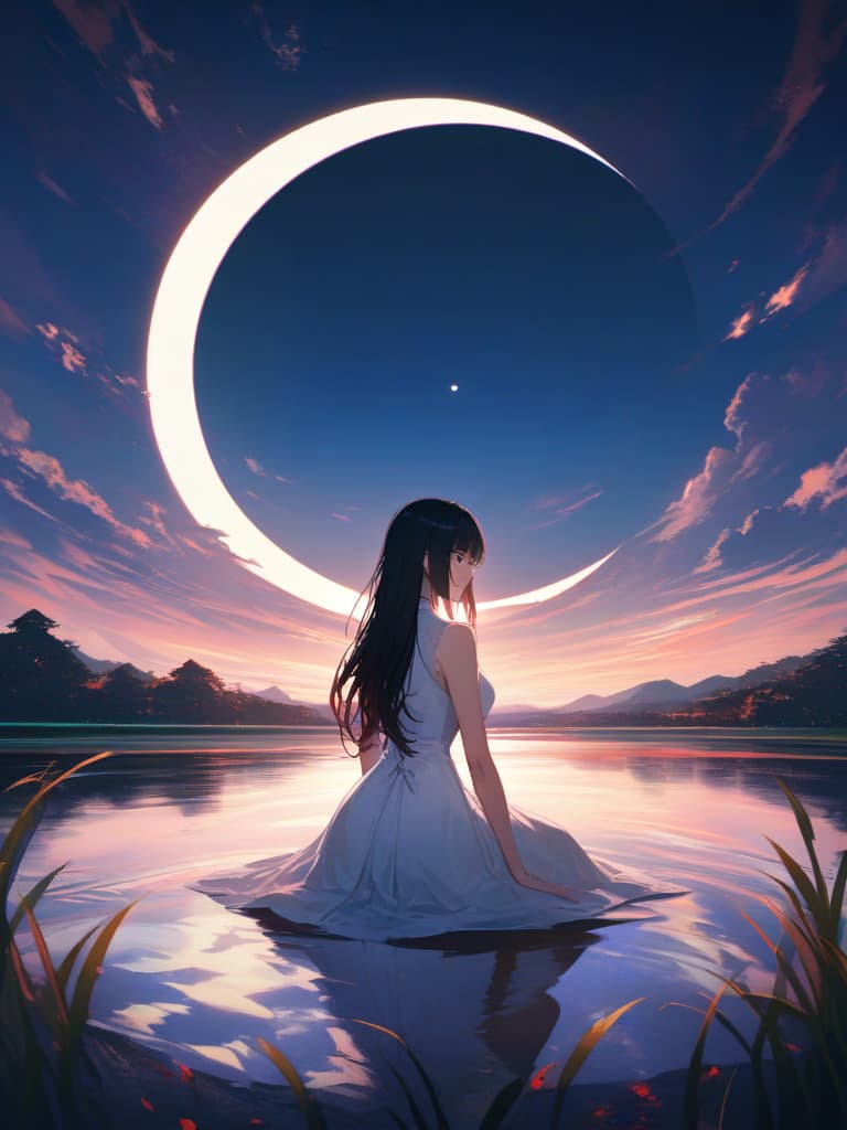  the sun is about the moon (art inspired by bill schenquevich). oil painting), (monday, one moon, (full moon)), ((round moon)) ), (shadow reflected in the moon), (one rabbit), ... one woman, long hair, black hair, far away, (whole body), ((far)), susuki, (pampas grass), pampas grass, sitting, back, white dress, simple dress, shadow, shadow, fantastic, fantasy, wonderful, beautiful, (night), landscape ,, hyperrealistic, full body, detailed clothing, highly detailed, cinematic lighting, stunningly beautiful, intricate, sharp focus, f/1. 8, 85mm, (centered image composition), (professionally color graded), ((bright soft diffused light)), volumetric fog, trending on instagram, trending on tumblr, HDR 4K, 8K