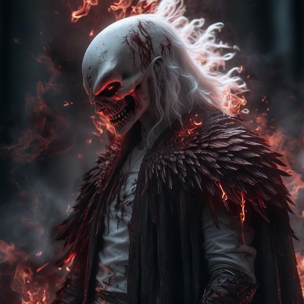  hyperrealistic art evil angel in a white hood with wings in blood in one hand sword in another severed demon head on the shoulder white fire from the eyes dark face . extremely high resolution details, photographic, realism pushed to extreme, fine texture, incredibly lifelike, hkmagic, glowneon