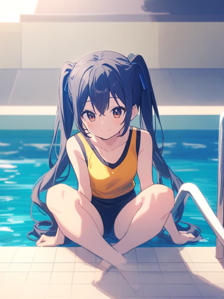   s junior high , twin tails, cute smiles, dark blue, dark blue swimwear, dark blue swimwear, s' (double ual equipment, clear swelling) ,, whole body, pool,