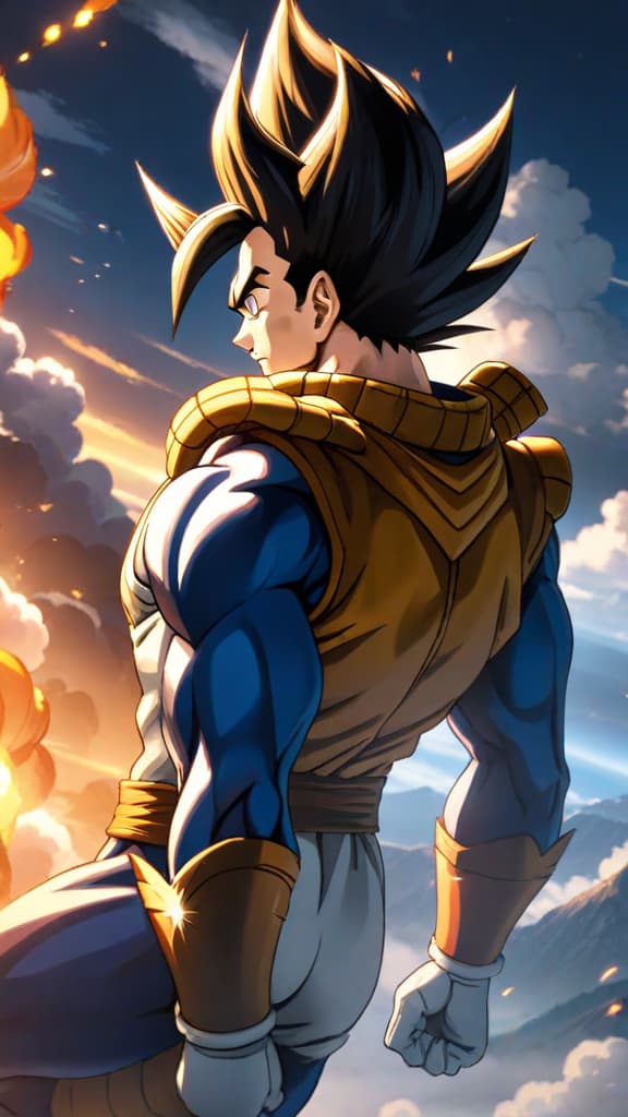  anime art, vegeta from dragon ball acknowledging the potential of hybrid saiyans like gohan, goten, and trunks hyperrealistic, full body, detailed clothing, highly detailed, cinematic lighting, stunningly beautiful, intricate, sharp focus, f/1. 8, 85mm, (centered image composition), (professionally color graded), ((bright soft diffused light)), volumetric fog, trending on instagram, trending on tumblr, HDR 4K, 8K