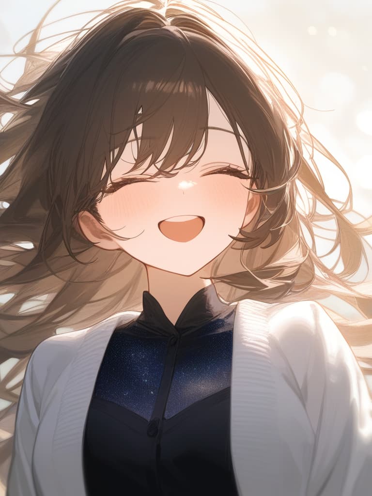  a girl laughing at me, bright brown hair, long hair, transparent ephemeral, black sleeveless dress, white cardigan, whole body facing in front, laughing, laughing, starry sky under the whole body, facing here, my eyes meet me, masterpiece, best quality,8k,ultra detailed,high resolution,an extremely delicate and beautiful,hyper detail