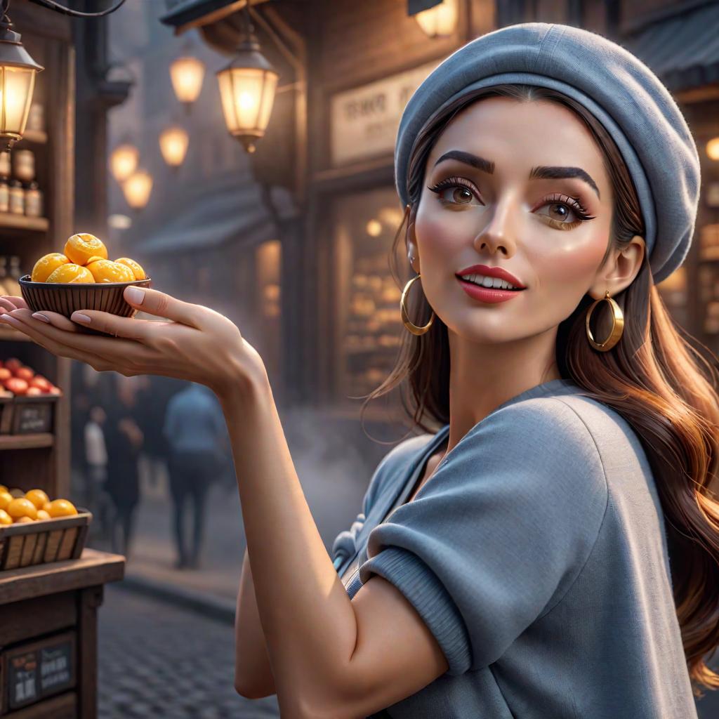  generate an image of a woman presenting a small product in her hands cartoon v4 hyperrealistic, full body, detailed clothing, highly detailed, cinematic lighting, stunningly beautiful, intricate, sharp focus, f/1. 8, 85mm, (centered image composition), (professionally color graded), ((bright soft diffused light)), volumetric fog, trending on instagram, trending on tumblr, HDR 4K, 8K