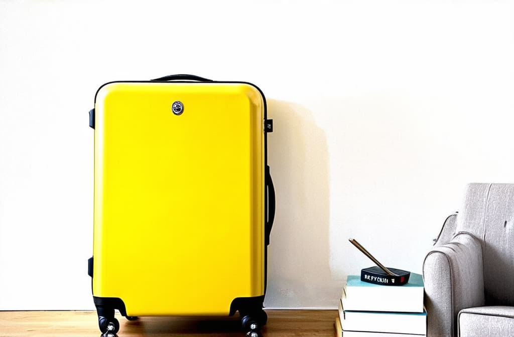  artwork large yellow modern suitcase against a white wall ar 3:2, watercolor techniques, featuring fluid colors, subtle gradients, transparency associated with watercolor art