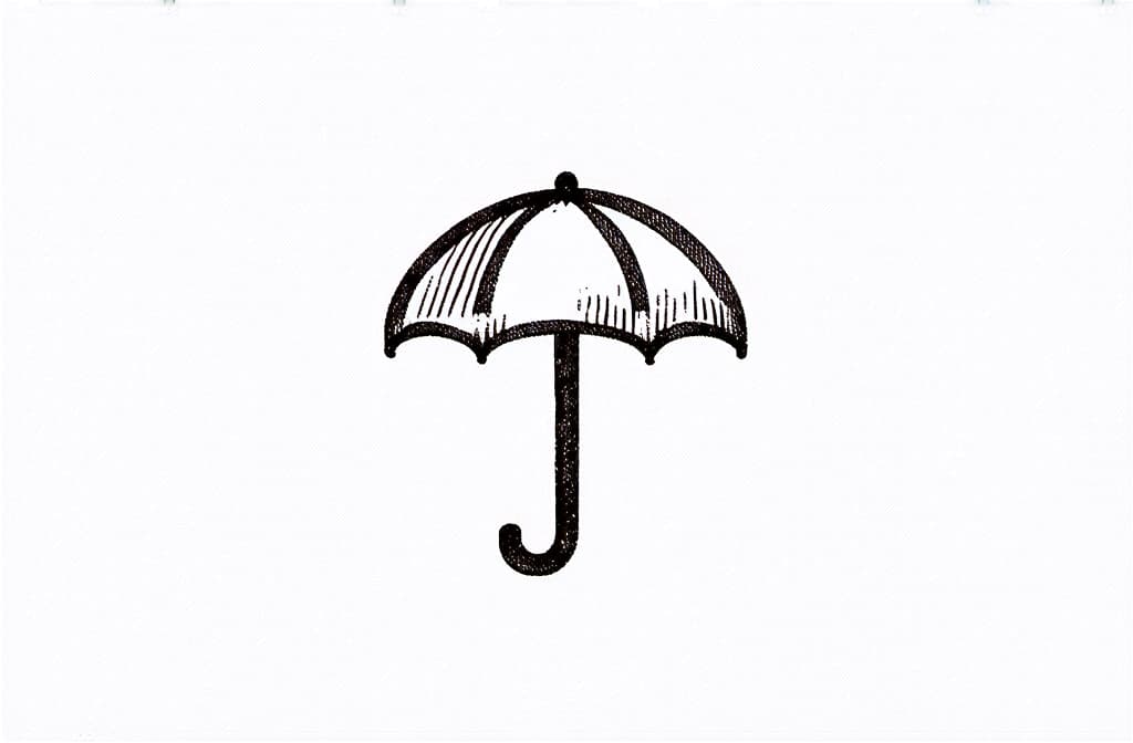  contour, very simple image in one unbroken black ink line, single line of umbrella, engraving illustration, icon isolated on white background ar 3:2 using a single continuous black line ink brushon white background, drawing should be created without lifting the pen, recognizable features of umbrella, engraving illustration, icon isolated on white background ar 3:2 in one unbroken line