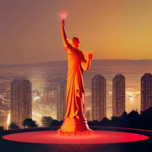 dvarchmodern a statue on top of a hill next to a body of water, flashy red lights, looming over a horde of gold, year 2 0 4 0, diabolic, promotional image, at the world cup, torchlit, around the tower in lights, red banners, in night