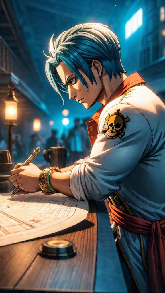  anime art: franky realizes the true power of holding pluton's blueprints in the one piece universe. hyperrealistic, full body, detailed clothing, highly detailed, cinematic lighting, stunningly beautiful, intricate, sharp focus, f/1. 8, 85mm, (centered image composition), (professionally color graded), ((bright soft diffused light)), volumetric fog, trending on instagram, trending on tumblr, HDR 4K, 8K