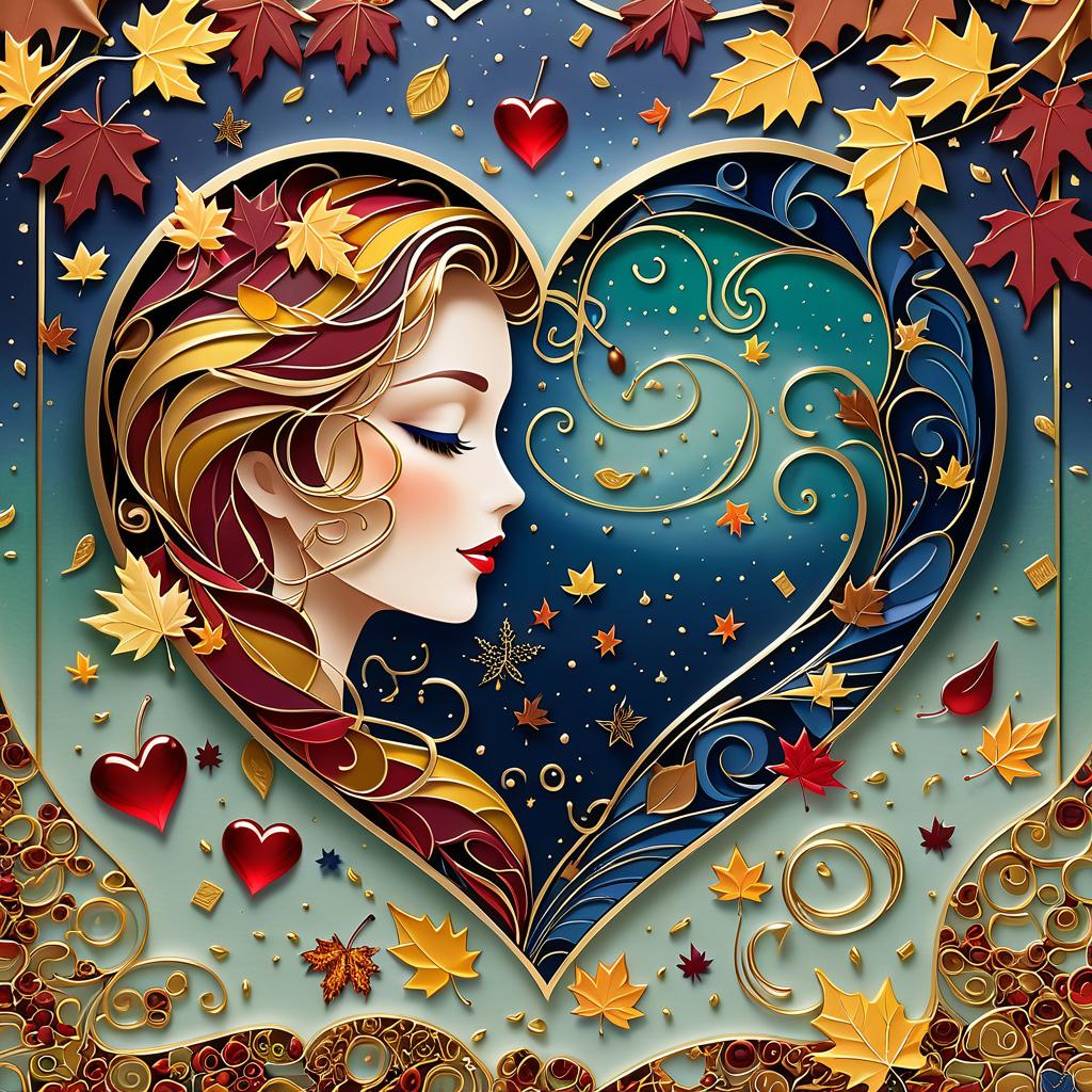  luxury product style on a carpet of yellow leaves in a simple dress of wind given crepe autumn danced a waltz boston in an alleyway. the warm day flew away and the saxophone sang hoarsely. (background of the card): falling autumn leaves, a whirlwind of autumn leaves, wind saxophone, a box of chocolates, the inscription "autumn waltz", a greeting card. (heart), a beautiful figure made of contours in the shape of a heart. (heart colour): night sky background, stars, gold pattern. (style):fantasy, autumn art, autumn romance. (colours):gold, green gold, navy blue, red, red gold, brown gold, silver, golden blue, bluish blue, dark blue on gold . elegant, sophisticated, high end, luxurious, professional, highly detailed