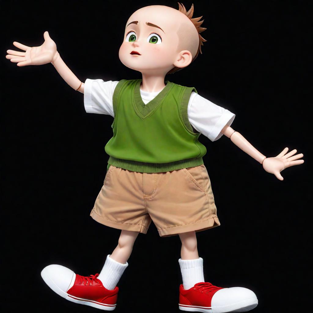  create a realistic image of a young with a head, wearing a green sleeveless vest over a white shirt, brown shorts, tall white socks, and red sneakers. the is standing with one arm raised as if waving and the other arm extended to the side. his expression is friendly and welcoming. hyperrealistic, full body, detailed clothing, highly detailed, cinematic lighting, stunningly beautiful, intricate, sharp focus, f/1. 8, 85mm, (centered image composition), (professionally color graded), ((bright soft diffused light)), volumetric fog, trending on instagram, trending on tumblr, HDR 4K, 8K