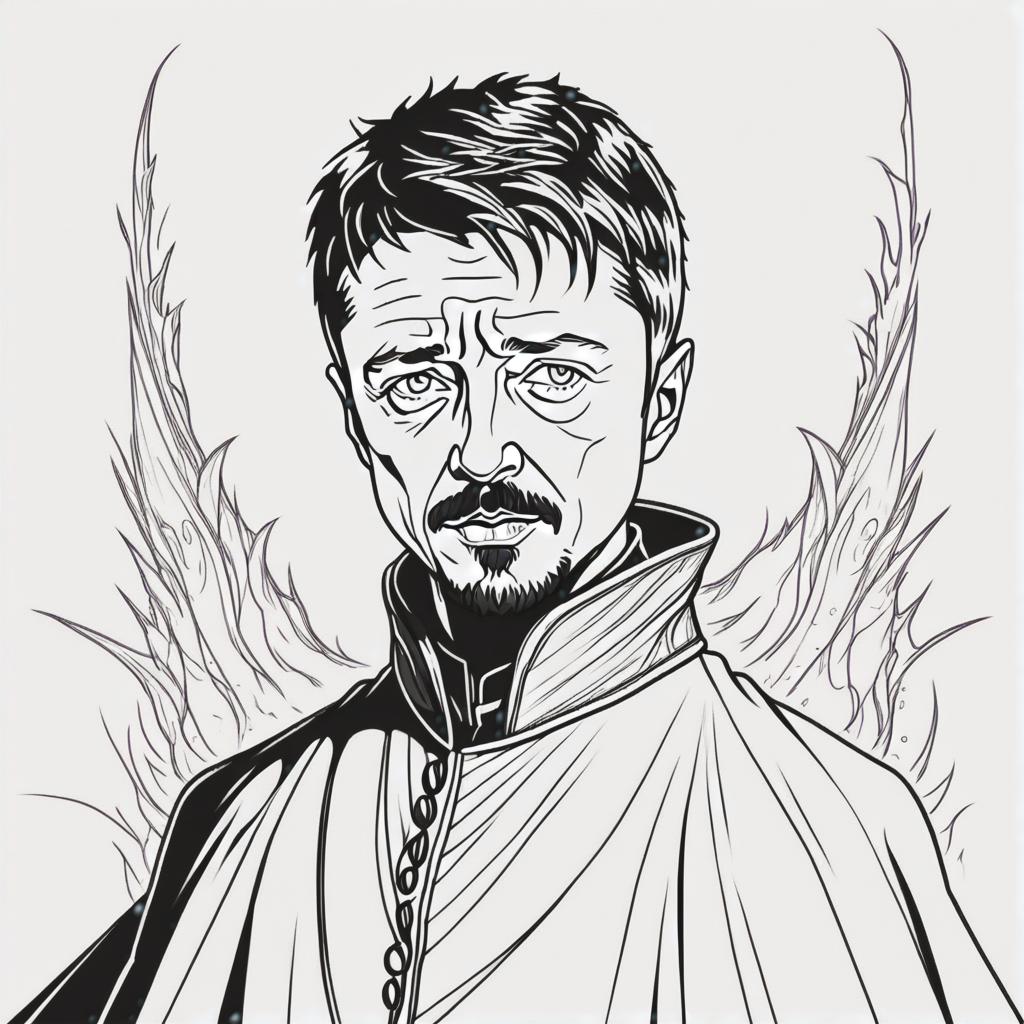  line art drawing petyr baelish, same nightmare. anime style . professional, sleek, modern, minimalist, graphic, line art, vector graphics