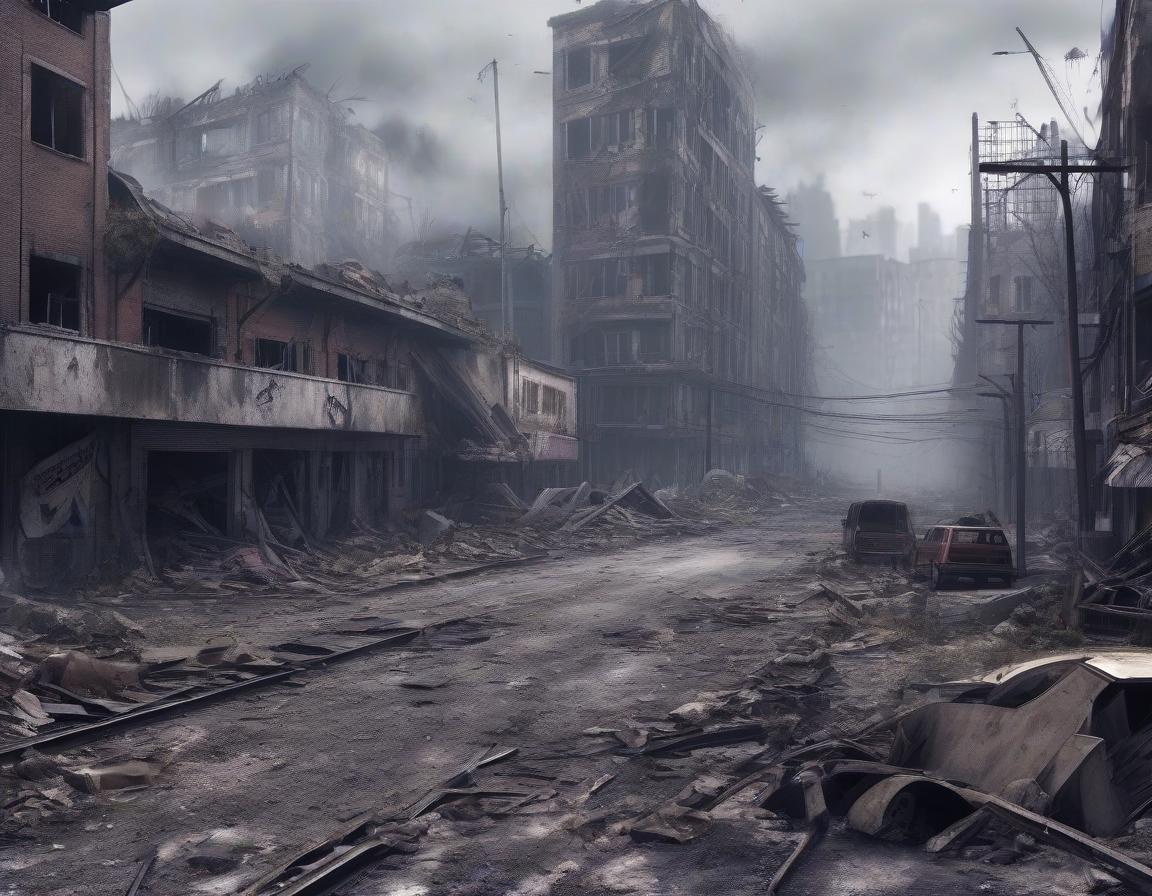  ultra realistic post apocalypse destroyed city that was covered with fog destroyed high rise buildings destroyed churches destroyed shops and destroyed shopping complex destroyed bridge destroyed road and abandoned cars in the style of subway2033