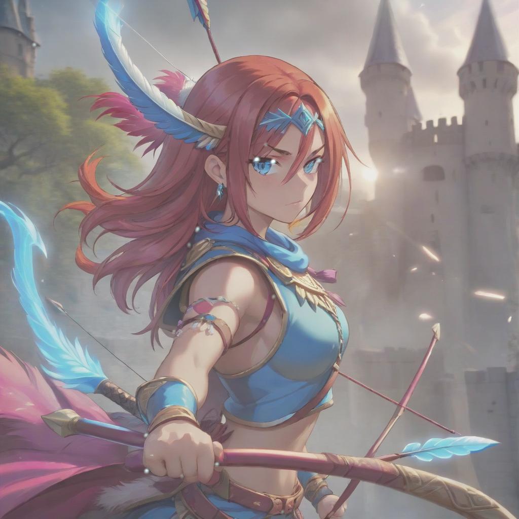  long exposure photo of portrait of strong rage amazonas archer. blue eye. long red hair. tilting head down, magenta mantle, shoulder pad feather, accessory necklace with pearls on the forehead, against the background of the castle siege . blurred motion, streaks of light, surreal, dreamy, ghosting effect, highly detailed, sticker, hkmagic